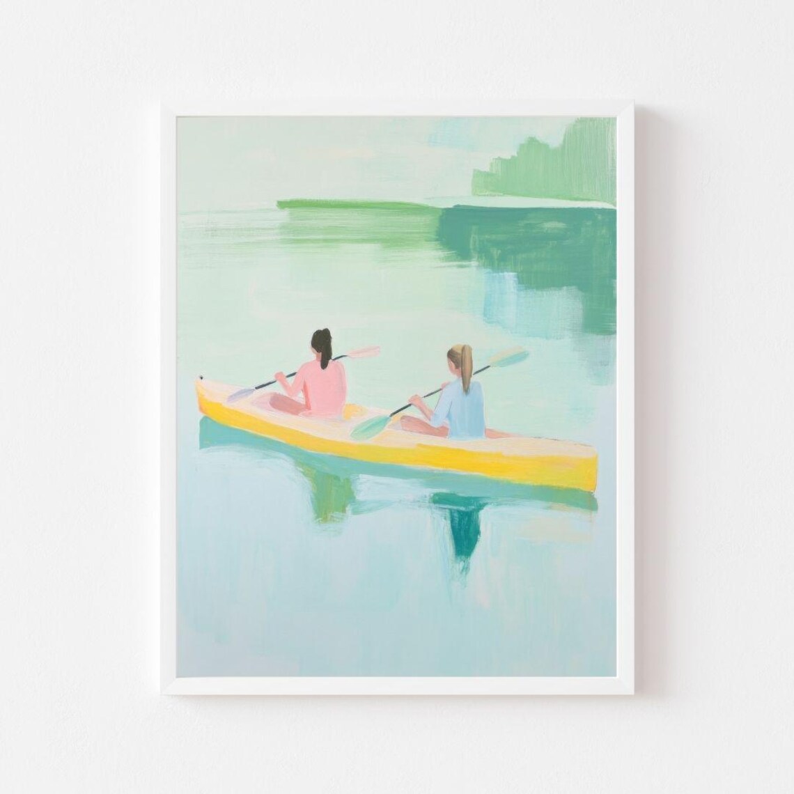 Two Girls In Yellow Kayak On Lake Pastel Summer Painting Wall Poster