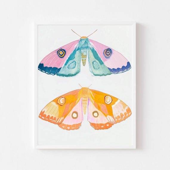 Two Colorful Moths Painting Vibrant Insect Wall Art Print Blue Pink Orange Insect Kids Room Bug Portrait