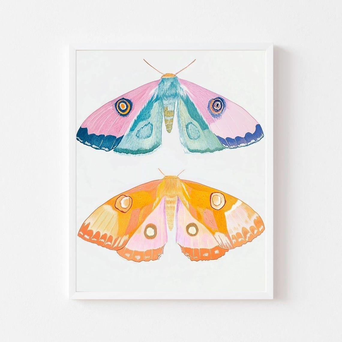 Two Colorful Moths Painting Vibrant Insect Wall Art Print Blue Pink Orange Insect Kids Room Bug Portrait
