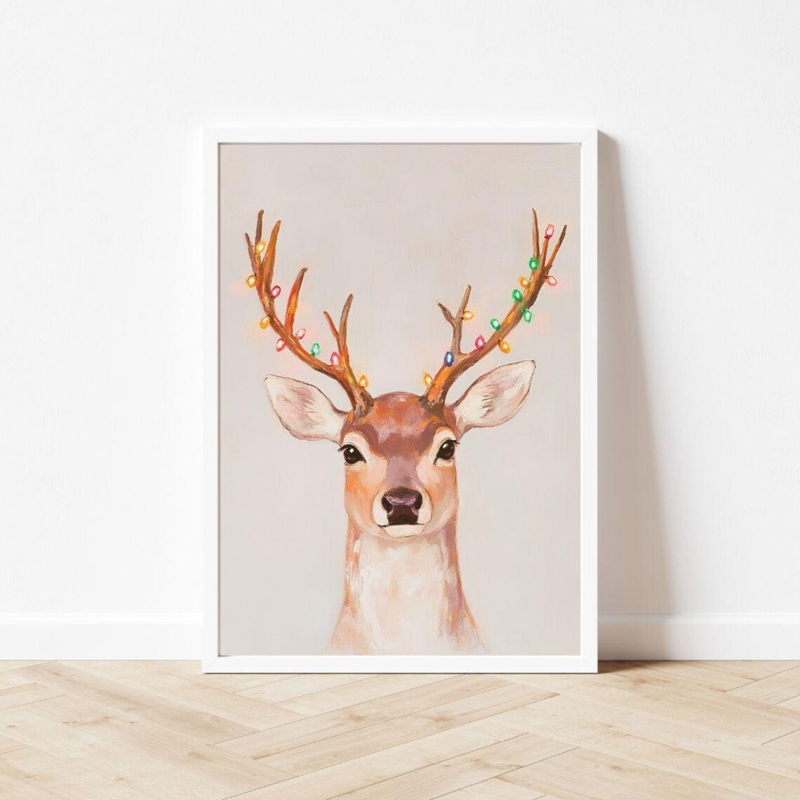 Deer Portrait With Christmas Lights Tangled in Antlers Poster - Image 3