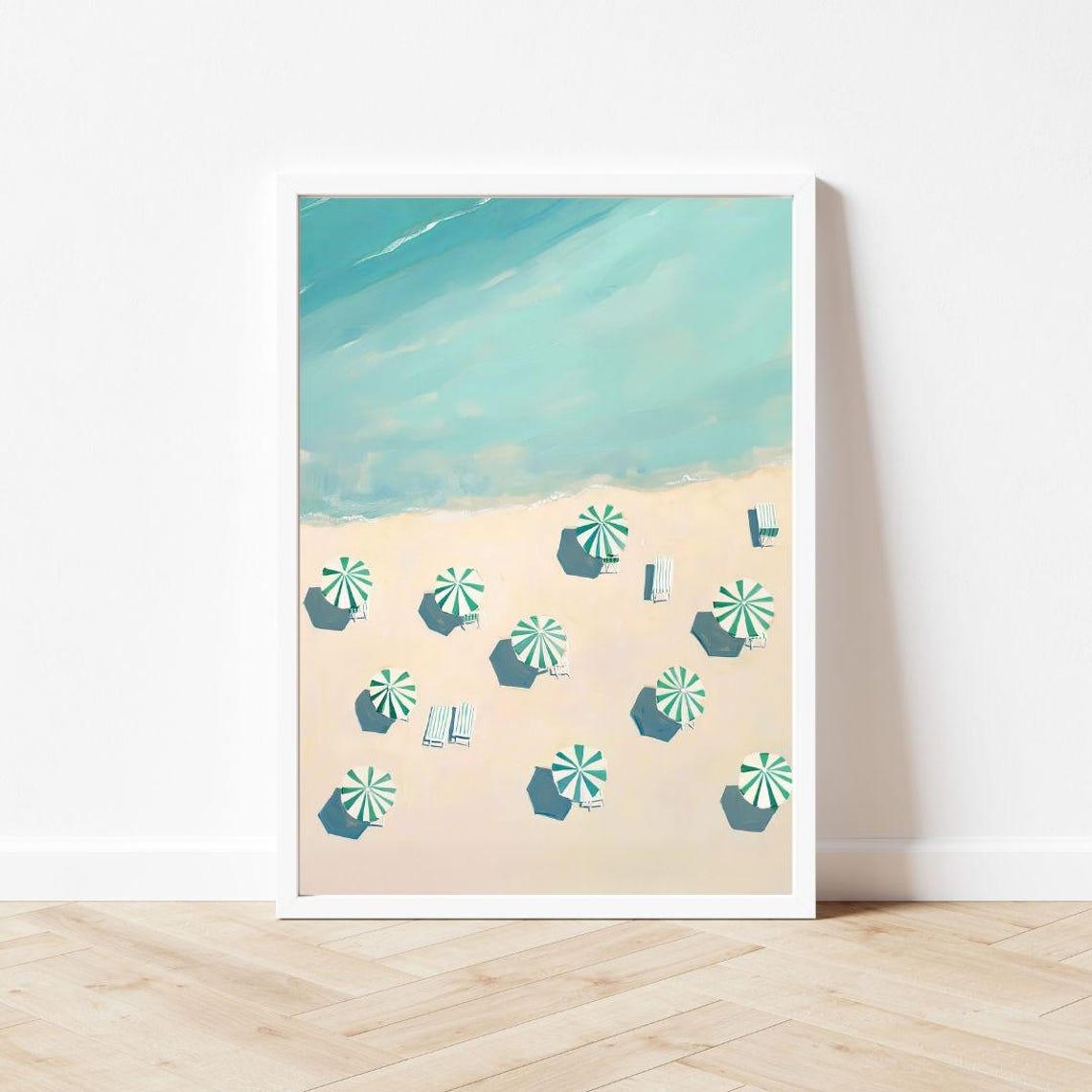 Aerial Beach with Green Striped Umbrellas Coastal Summer Poster - Image 3