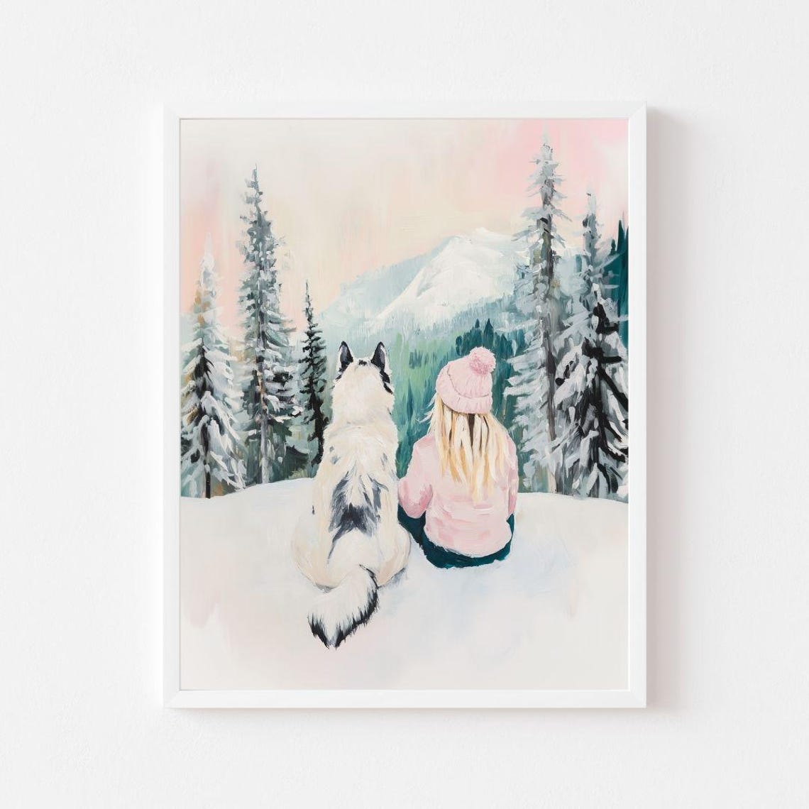 Girl And Husky Dog Sitting In Snow Watching Mountains Poster
