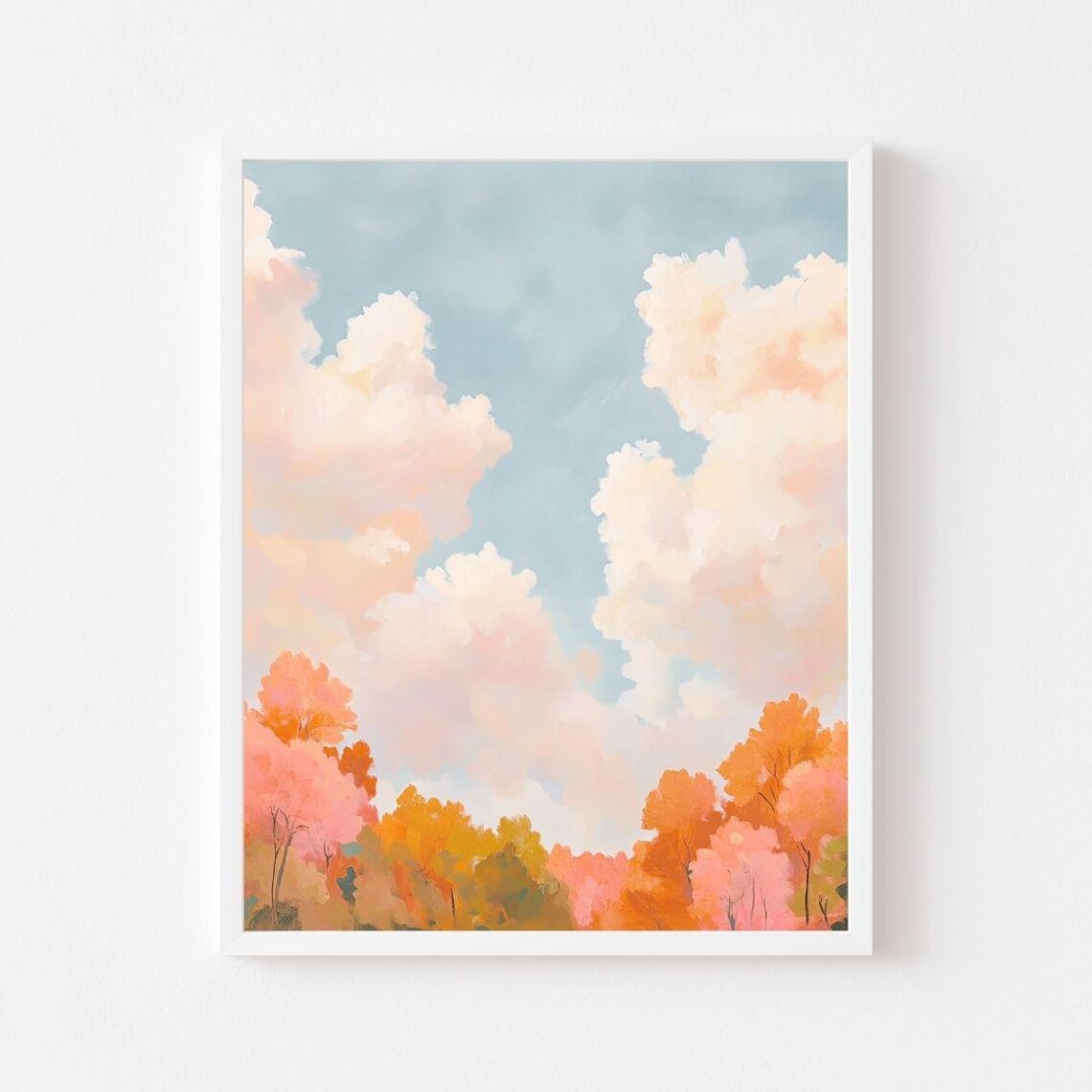 Autumn Trees Blue Sky Painting, Fall Forest Art Print