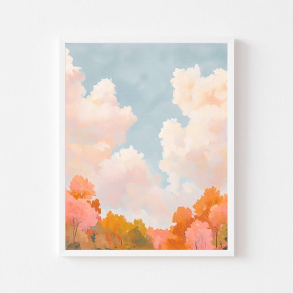 Autumn Trees Blue Sky Painting, Fall Forest Art Print
