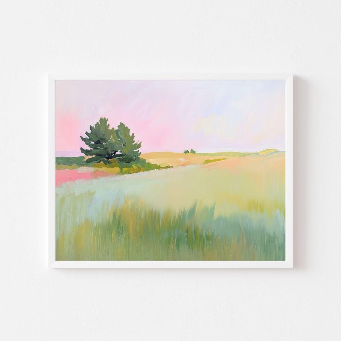 Pastel Pink Meadow Pine Tree Painting Soft Spring Landscape Art Poster
