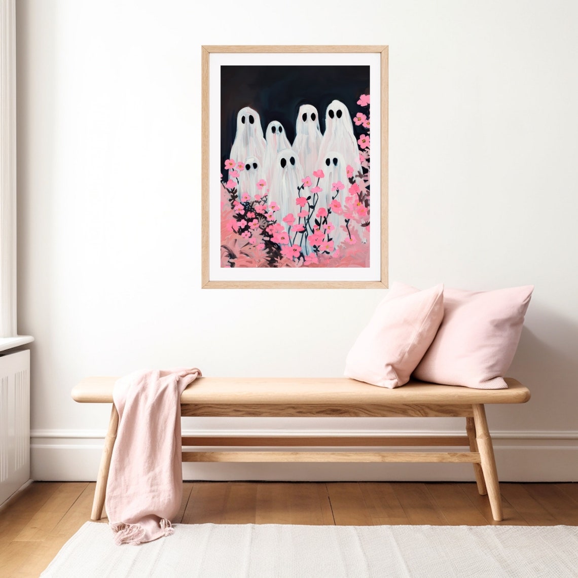 Cute Ghost Family Among Pink Flowers on a Spooky Night Poster - Image 2