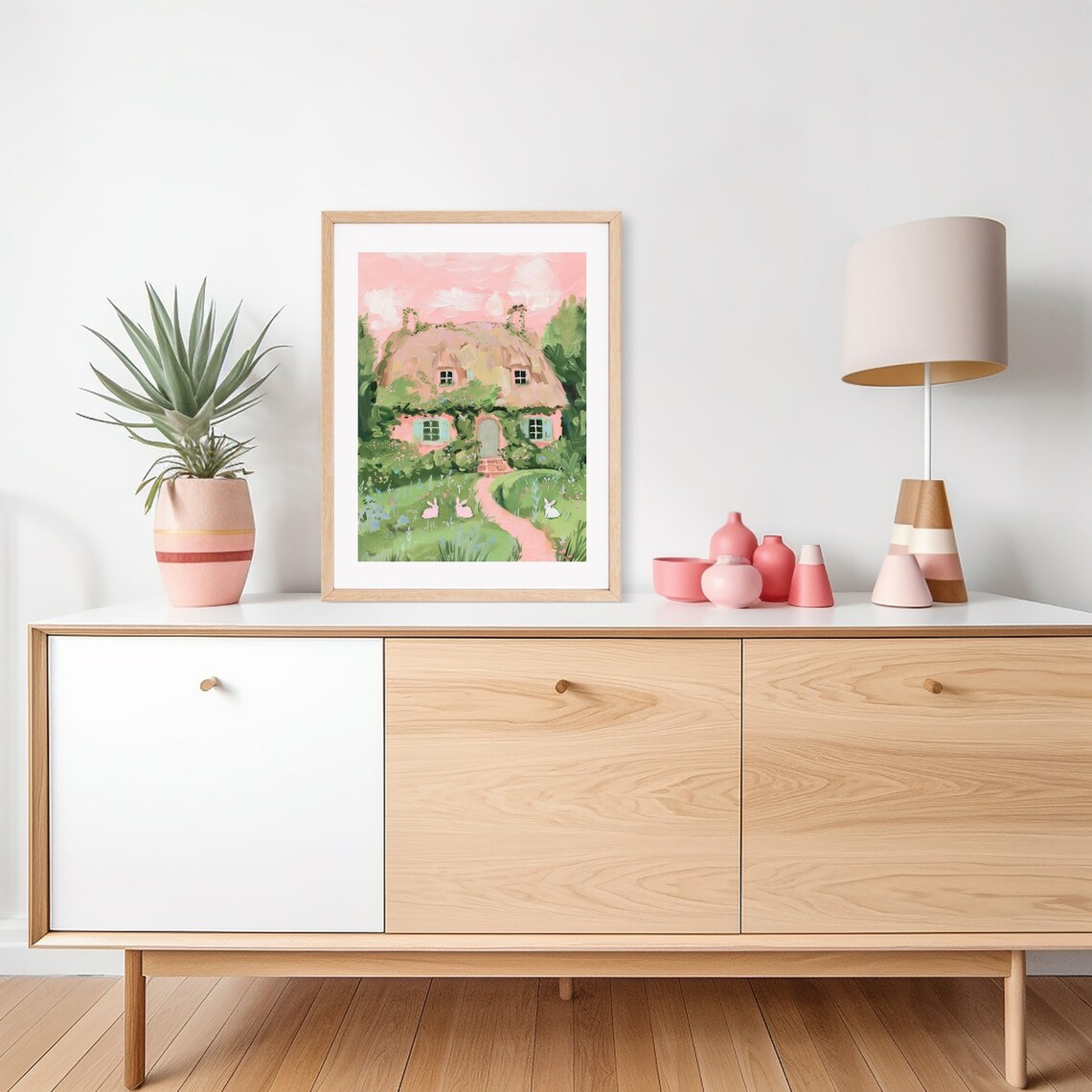 Pink Easter Cottage Bunny Rabbit Art Print - Image 3