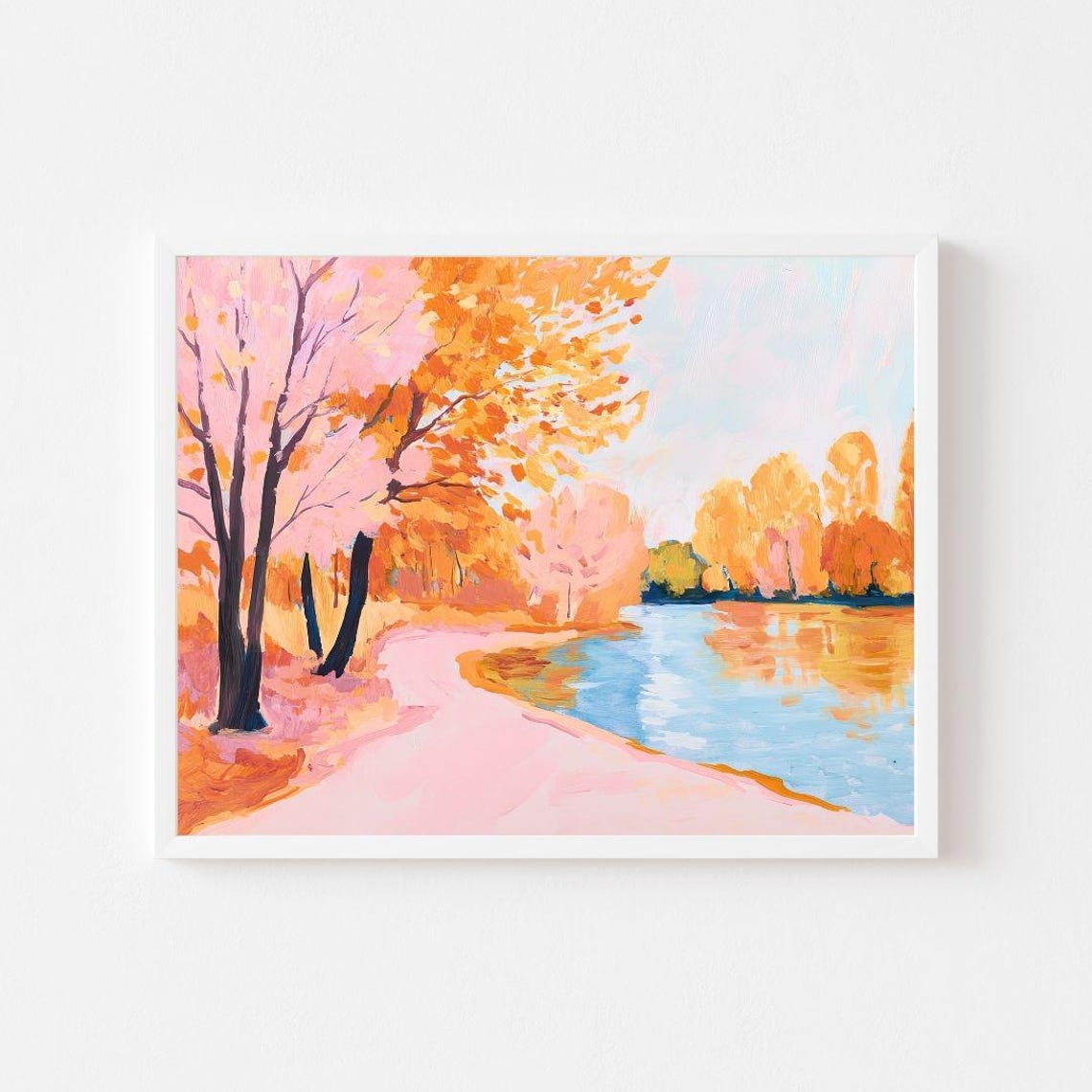 Autumn Trees By A Peaceful Pond Soft Pink Fall Landscape Poster