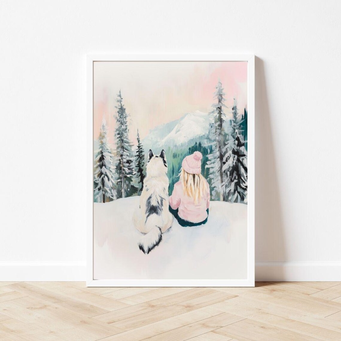 Girl And Husky Dog Sitting In Snow Watching Mountains Poster - Image 3