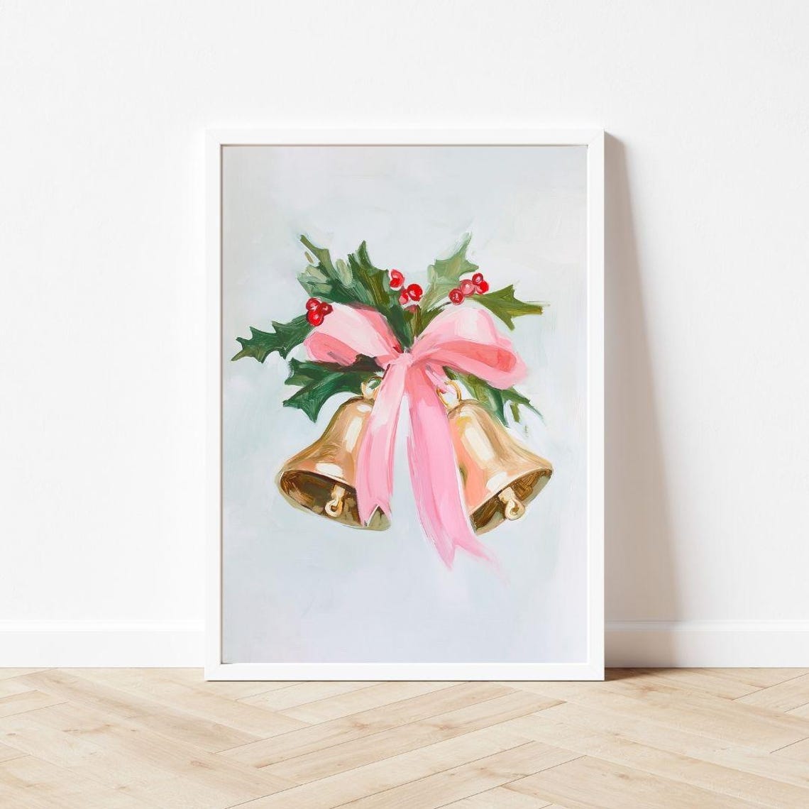 Gold Christmas Bells Tied With Pink Bow And Holly Leaves Poster - Image 3