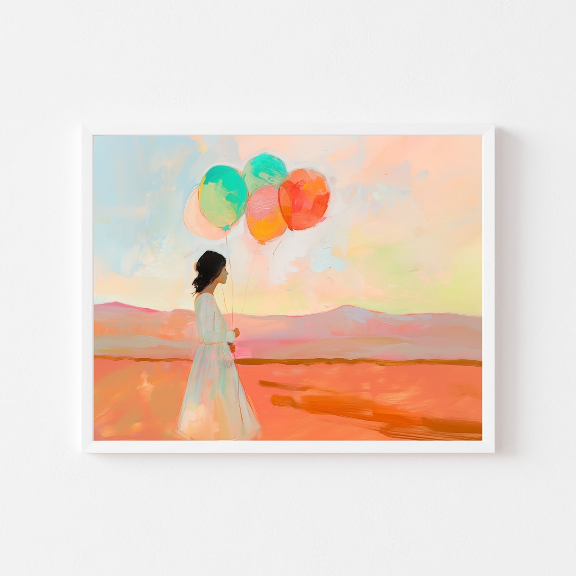 Woman Holding Balloons In A Desert At Sunset Landscape Poster