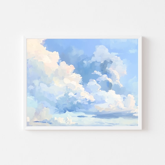 Clouds in Blue Sky, Whimsical Watercolor Art Print