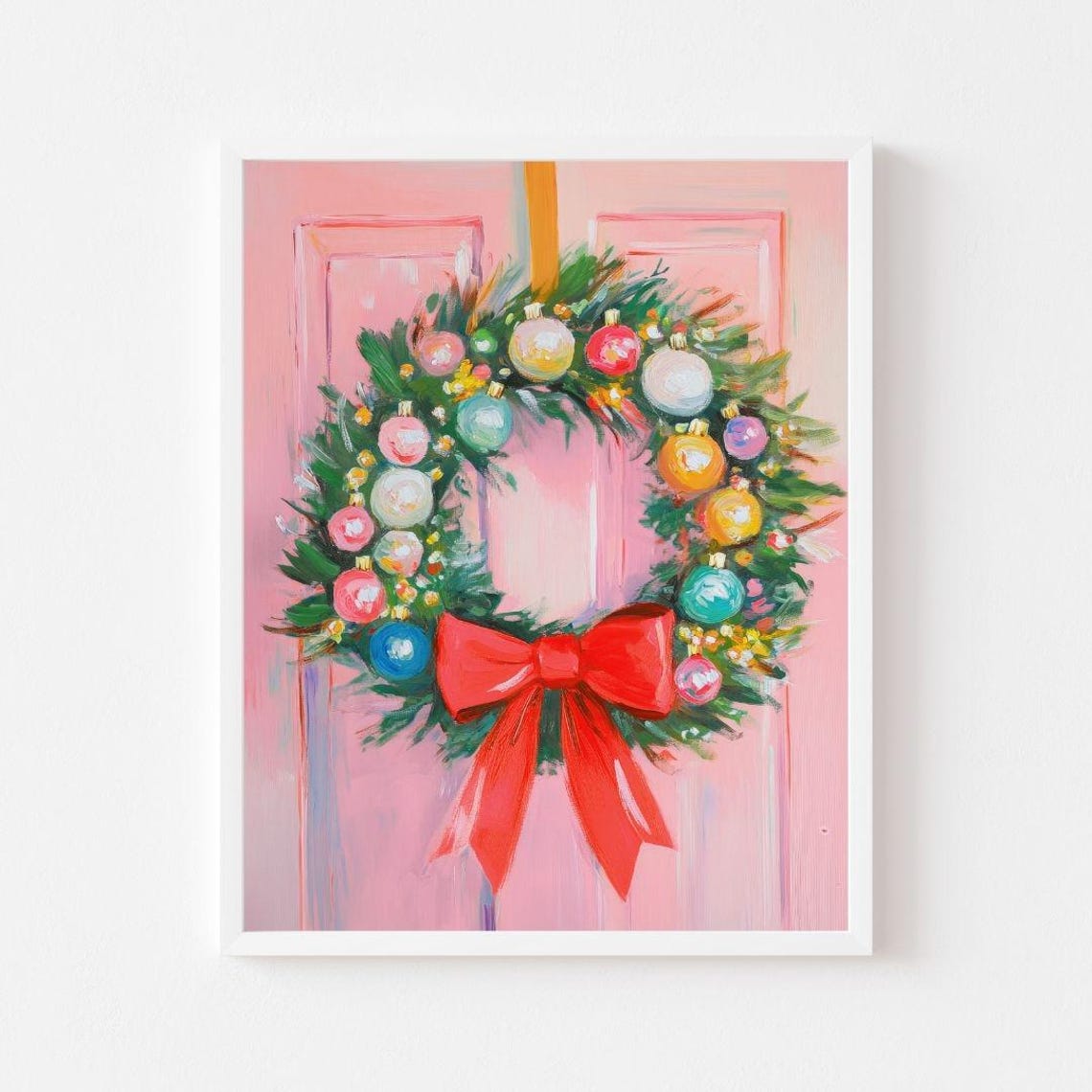 Pink Door With Ornament Christmas Wreath Holiday Wall Poster
