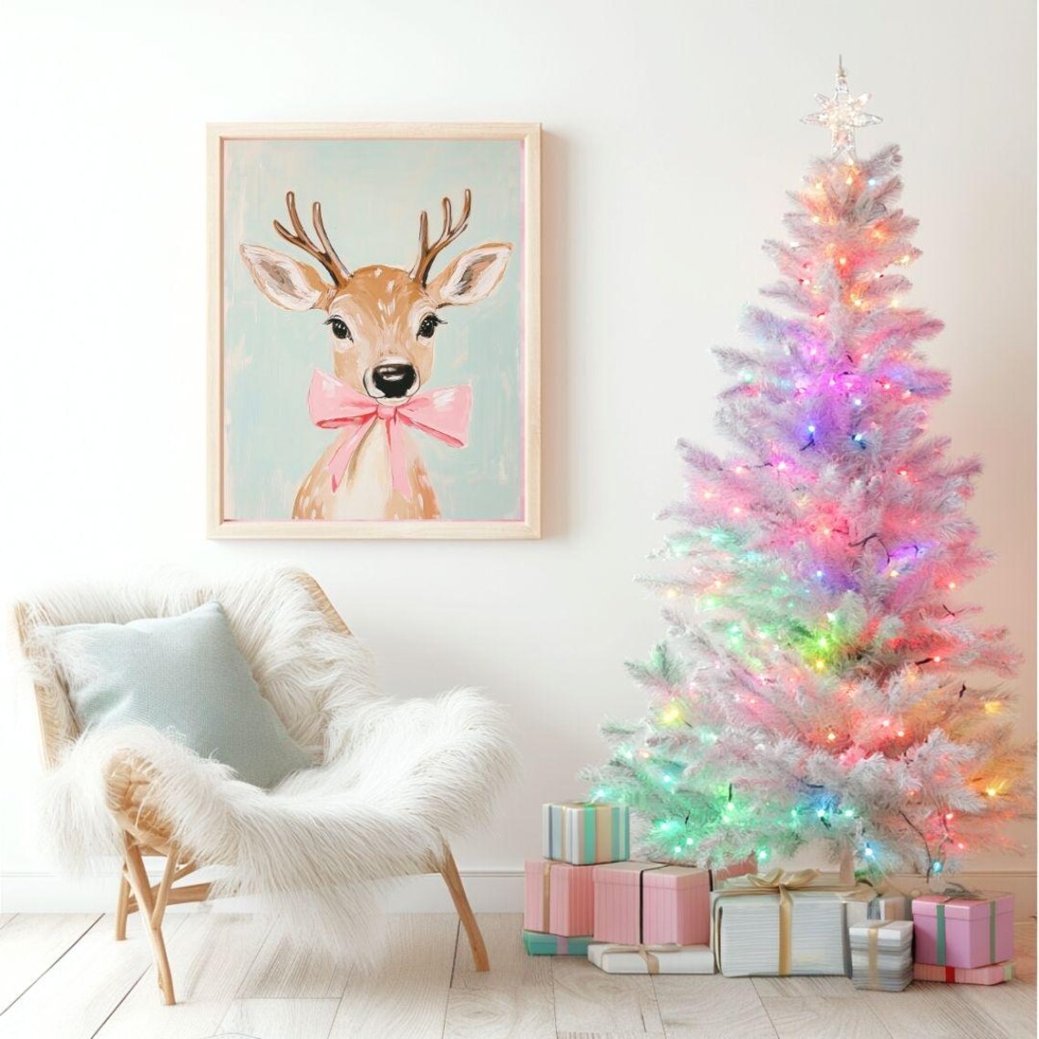 Girly Reindeer With Pink Bow, Pastel Christmas Art Print - Image 2