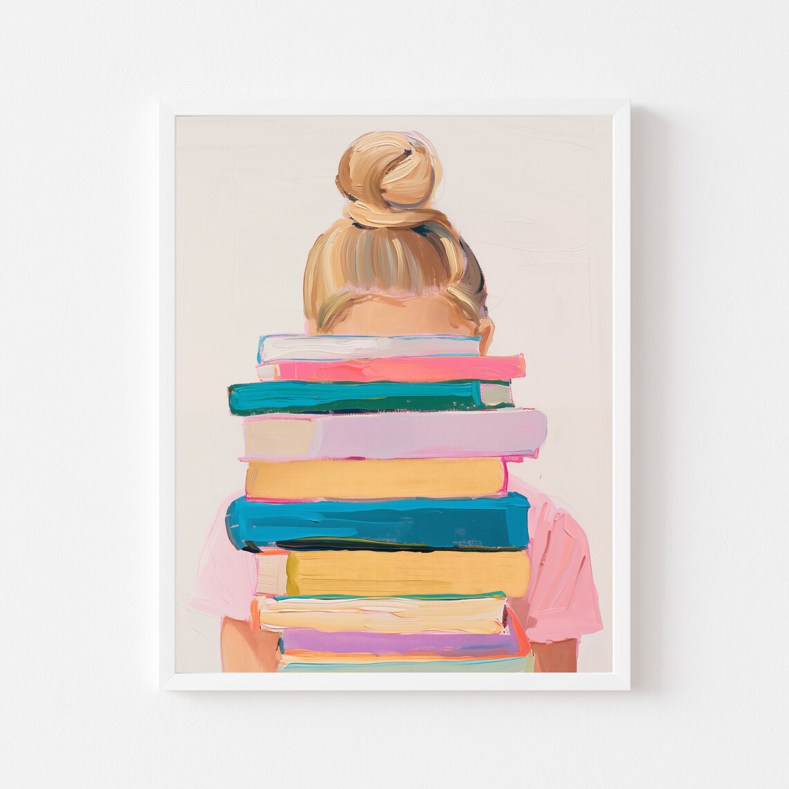 Blonde Girl With Books, Watercolor Library Art Print