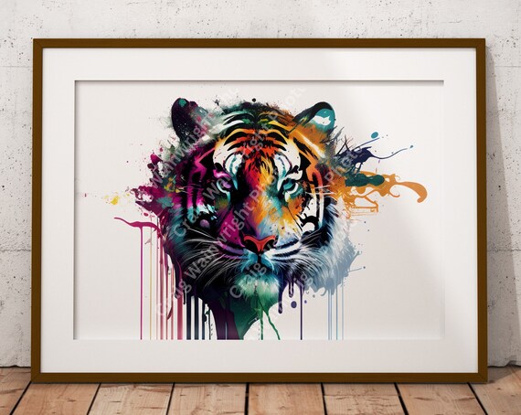 Tiger Face Front View Colorful Splash Paint Portrait Art Poster