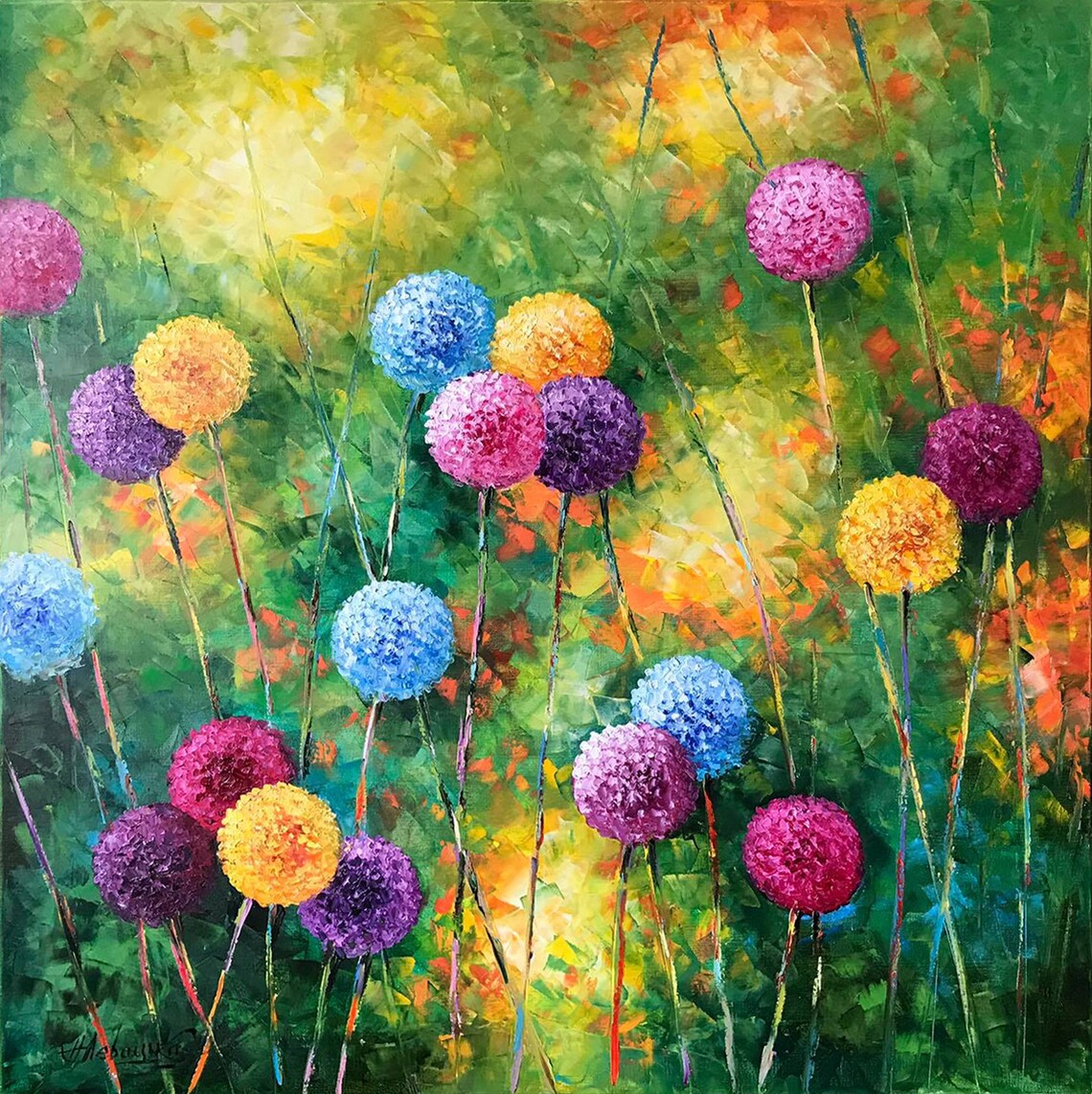 Colorful Pom Pom Flowers Blue Pink Yellow Tall Stems Meadow Art Poster