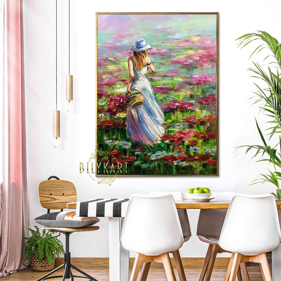 Woman With Flower Basket Walking Through Colorful Meadow Art Poster - Image 3