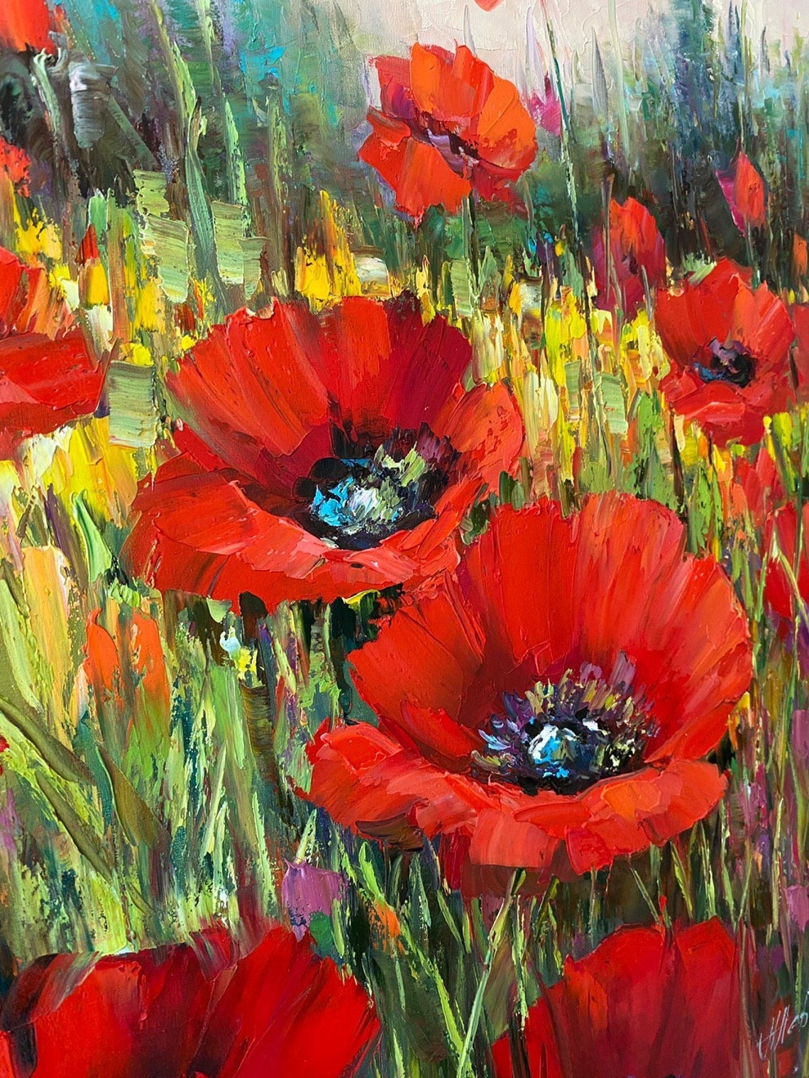 Red Poppies Painting Handpainted Wildflowers Field Wall Art Red Flower Painting On Poppy Filed Painting Original Floral Oil Artwork - Image 2