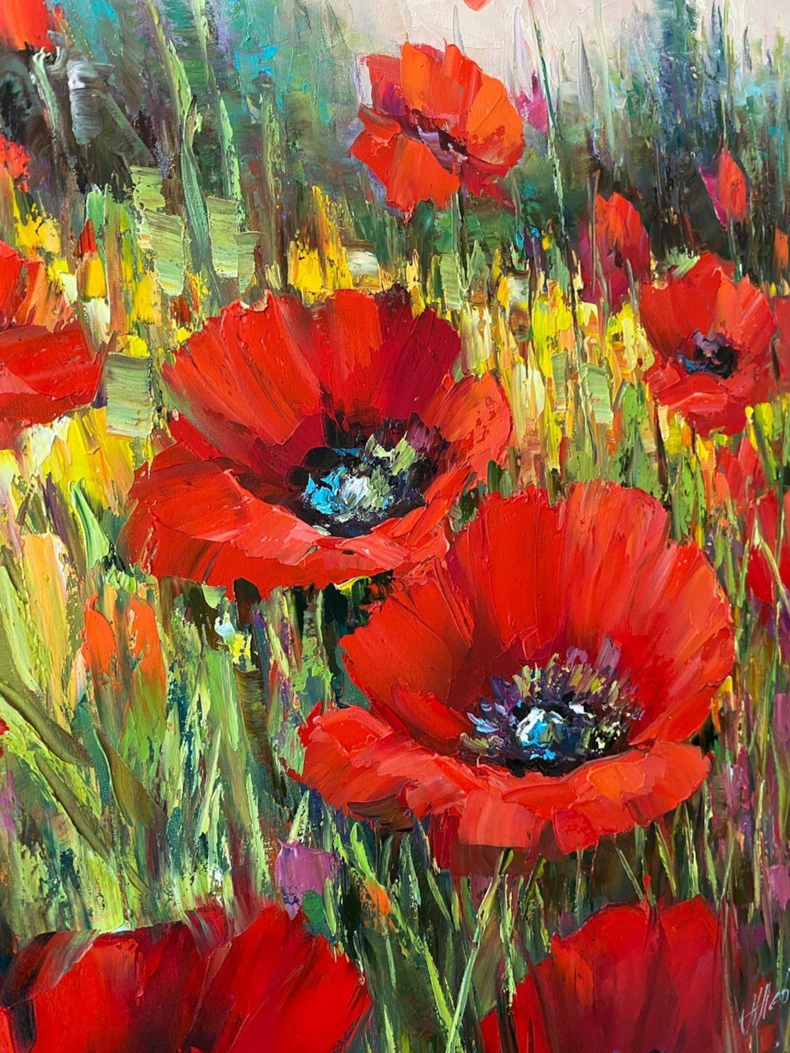Red Poppy Field Oil Painting Wildflowers Sunset Meadow Art Poster - Image 2
