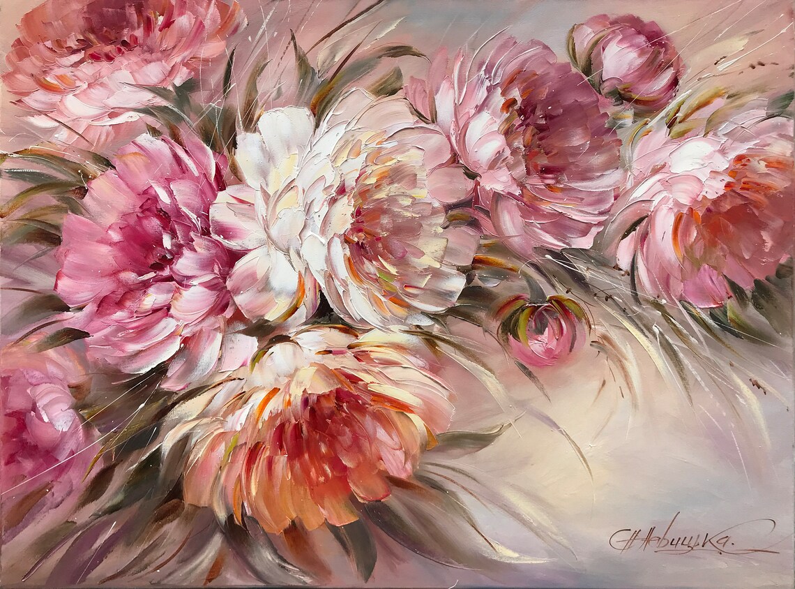 Pink Peonies Abstract Floral Art Print, Oil Painting