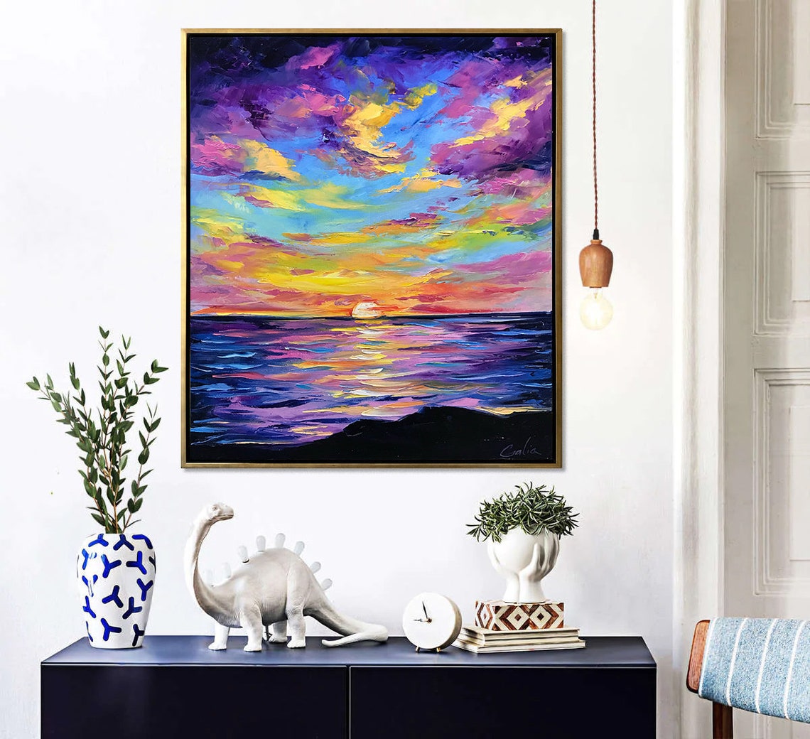 Ocean Sunset Purple Gold Clouds Colorful Seascape Impasto Art Poster - Image 3