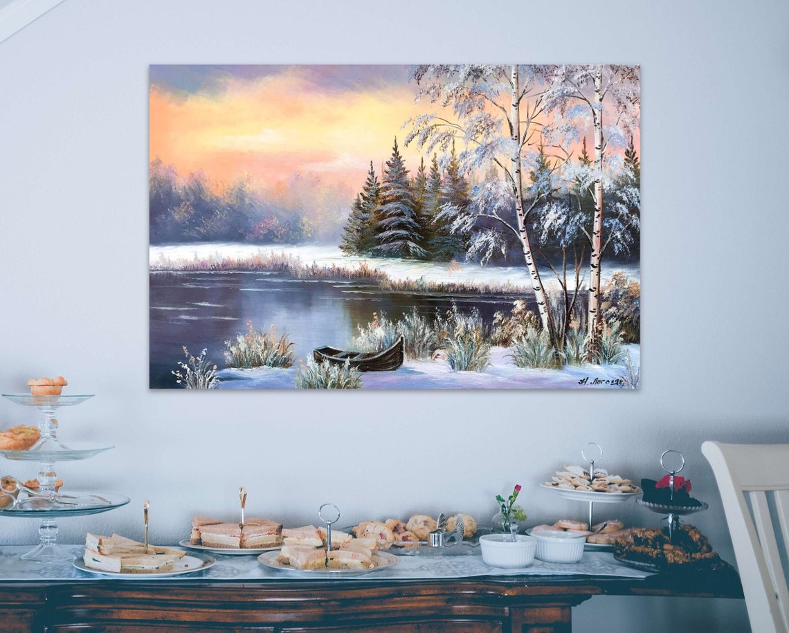 Winter Snow Sunset Birch Trees Frozen Lake Canoe Peaceful Art Poster - Image 2