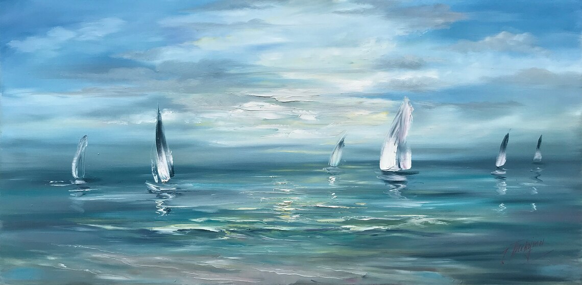 White Sailboats On Blue Ocean Seascape Soft Cloudy Sky Wall Poster - Image 2