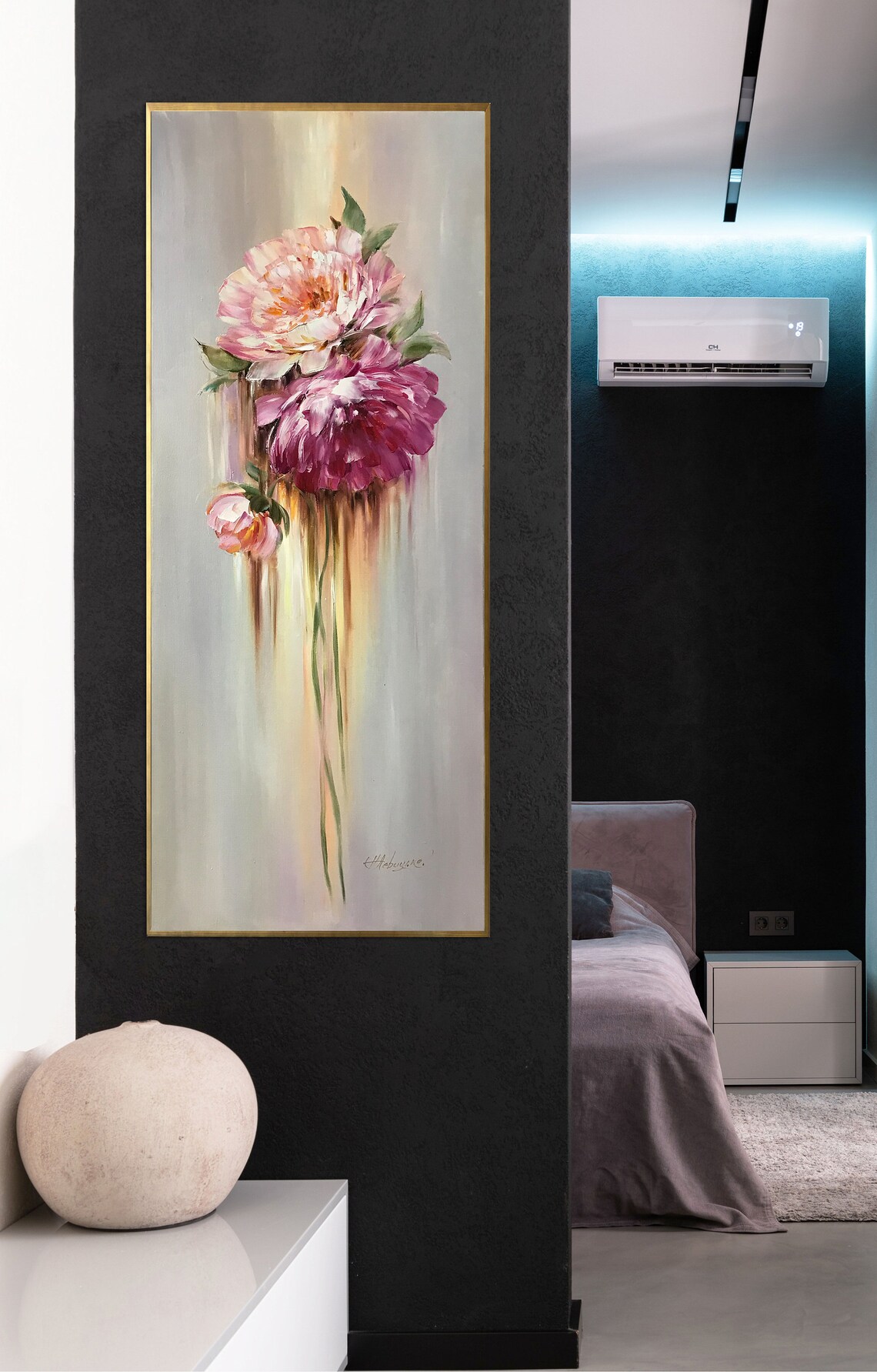 Peonies Oil Painting, Long Narrow Wall Art Print - Image 3