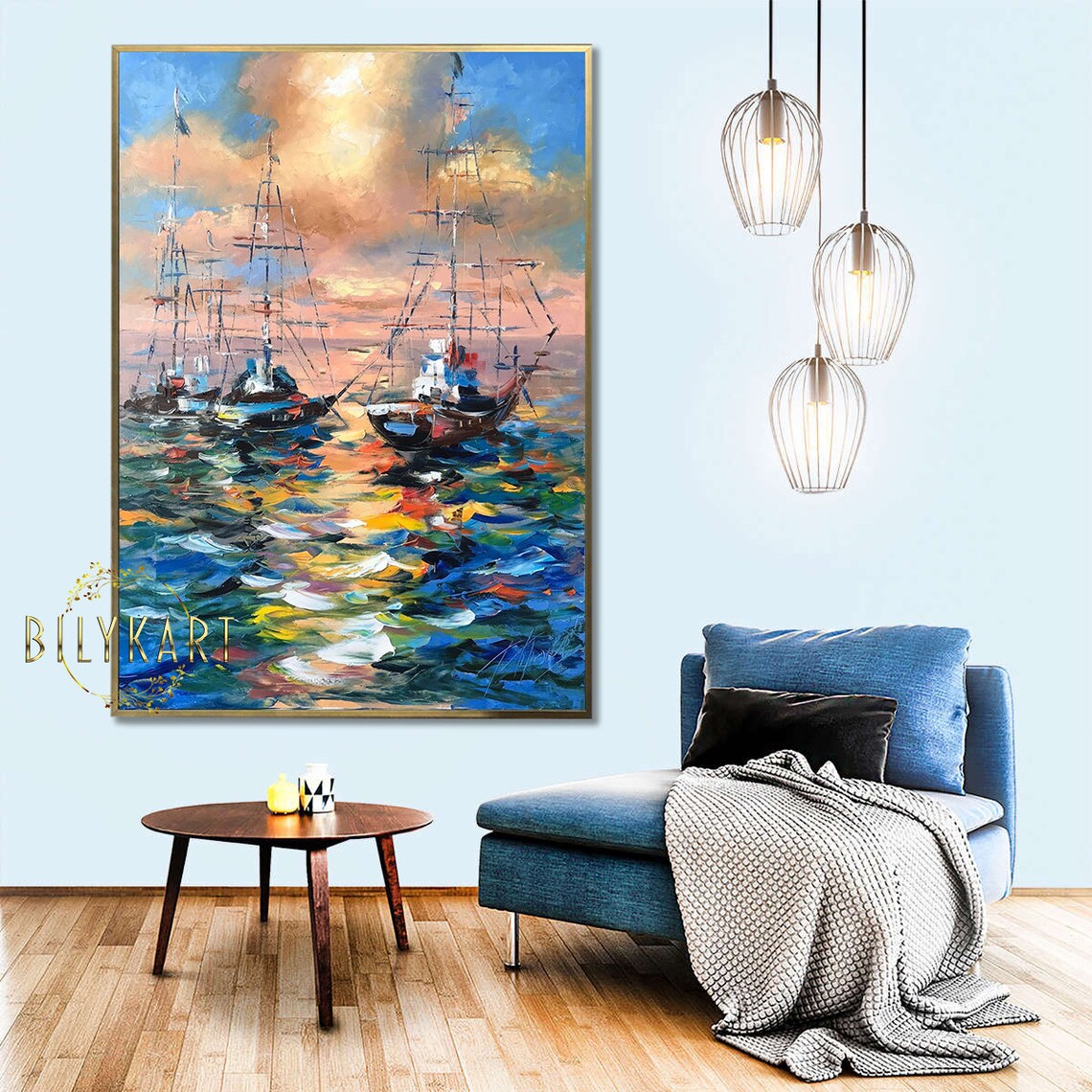 Large Boat At Sunset Oil Painting Original Colorful Seascape Paintings On Sailboat Framed Art Large Abstract Yacht Paintings For Sale - Image 2