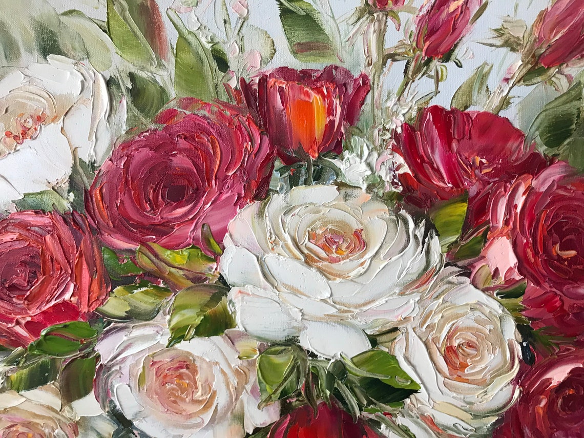 Red Roses Oil Painting Original Flowers In A Vase Painting Classic Wall Art Textured Flowers Art Roses Bouquet Oil Painting Art Gift For Her - Image 3
