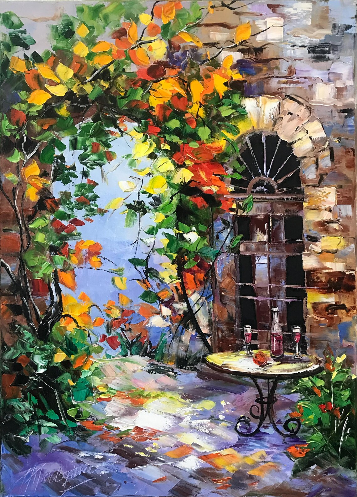 Italian Wine Courtyard Autumn Vines Stone Arch Door Oil Painting Poster - Image 3