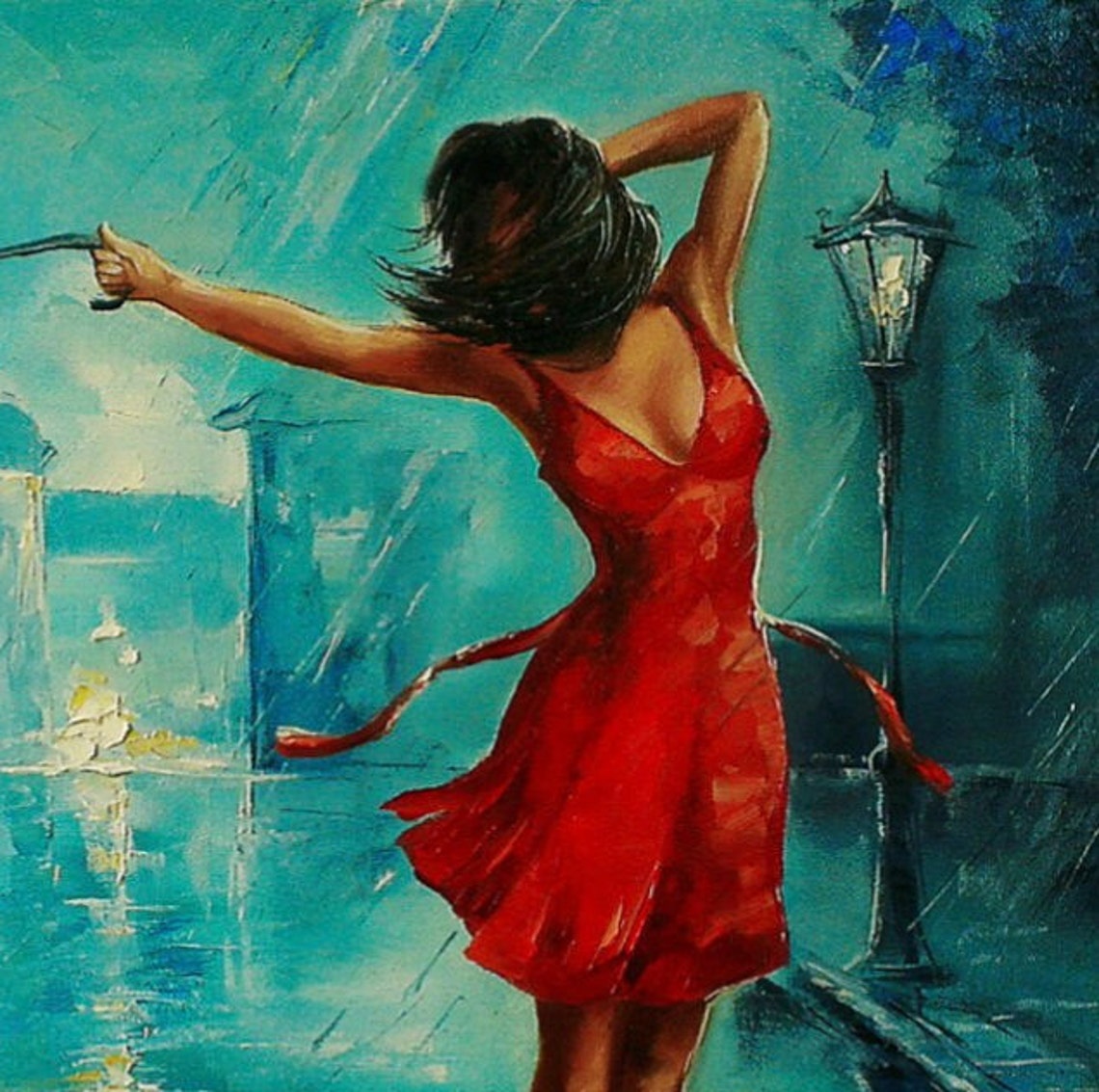 Girl With Umbrella Painting On Bansky Art Rainy Painting Rainy Day Wall Art Woman With Red Umbrella Oil Painting Original Artwork - Image 3