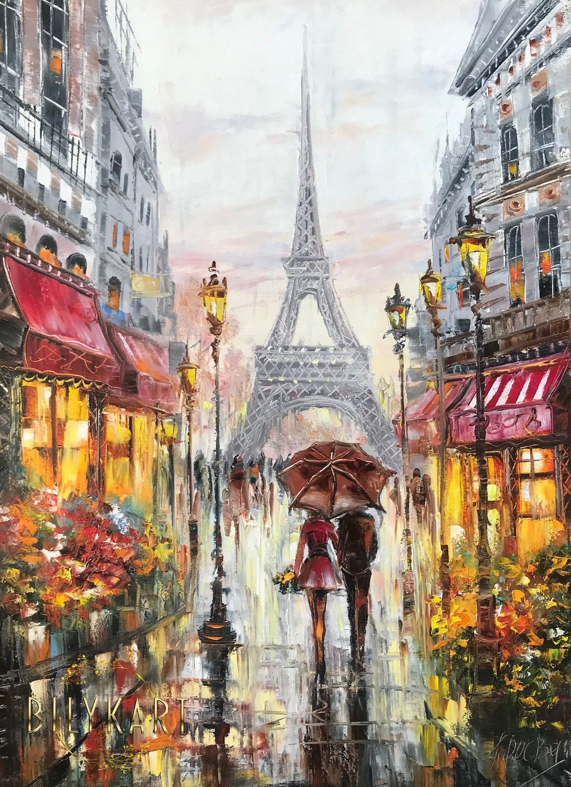 Paris Eiffel Tower Couple Under Umbrella Rainy Evening Love Poster