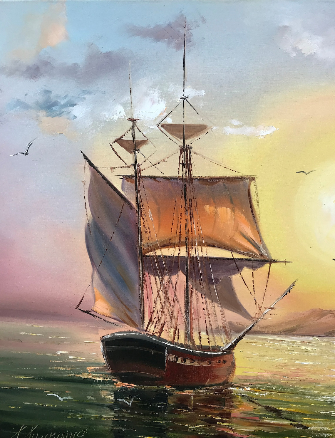 Sailing Ship Sunset Ocean Tall Ship Oil Painting Nautical Art Poster - Image 2