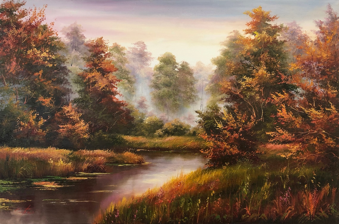 Autumn Forest River Misty Morning Orange Foliage Landscape Art Poster