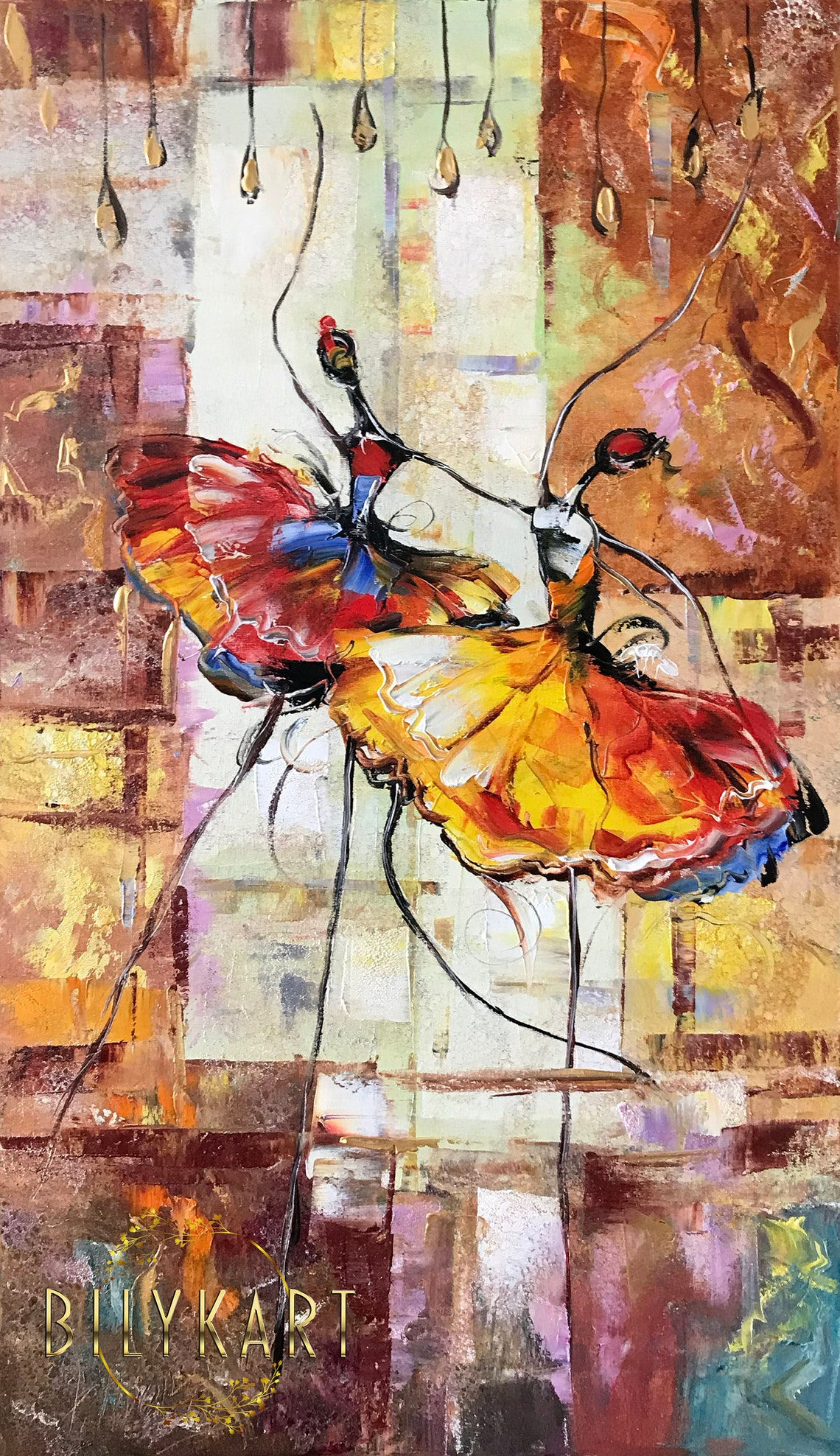 Abstract Ballerinas Red Yellow Tutus Lively Dance Art Poster - Image 3