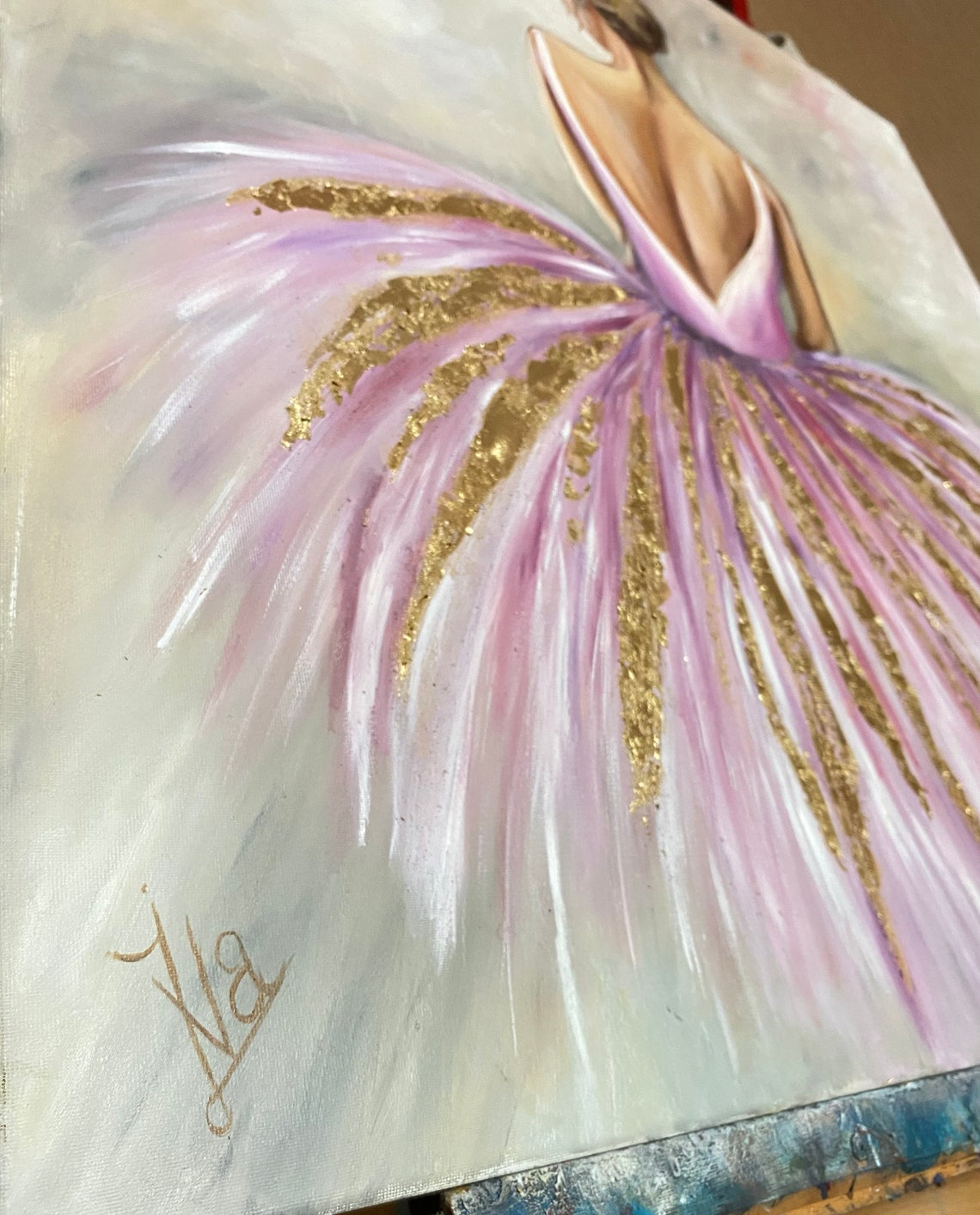 Abstract Ballerina Oil Painting Original Pink Ballerina Wall Art Modern Dancer Painting Ballet Art Gold Leaf Ballerina Painting On - Image 2