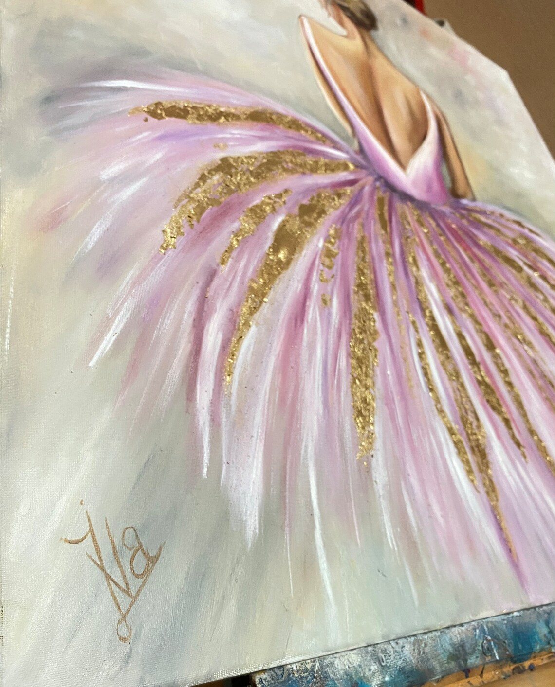 Blush Pink Ballerina Tutu Back View Gold Leaf Ballet Art Print - Image 2