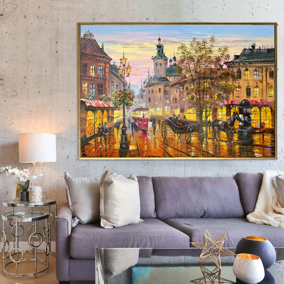 Europe Cityscape Painting Original European Wall Art City Artwork Living Room Decor Colorful Evening In Old Town Lviv Oil Painting - Image 3