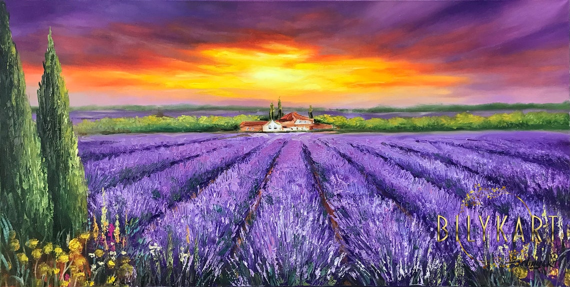 Tuscany Painting Original Italian Landscape Painting On Lavender Farm Wall Art Lavender Field Painting Sunset Italy Tuscan Paintings