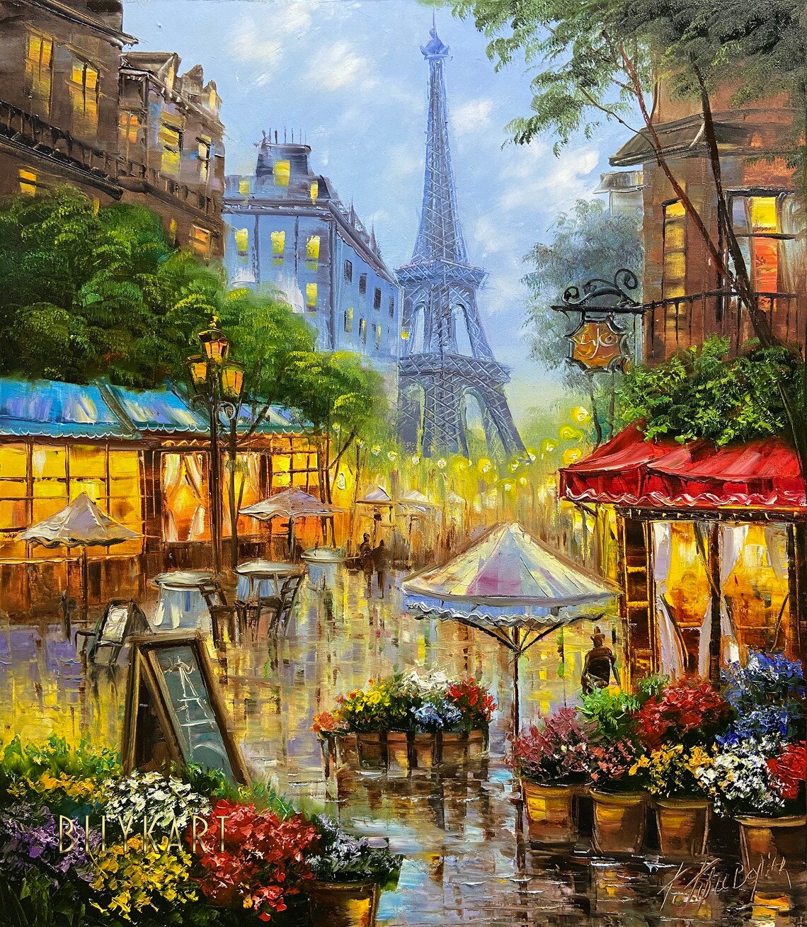 Paris Eiffel Tower Night City Oil Painting Print - Image 3