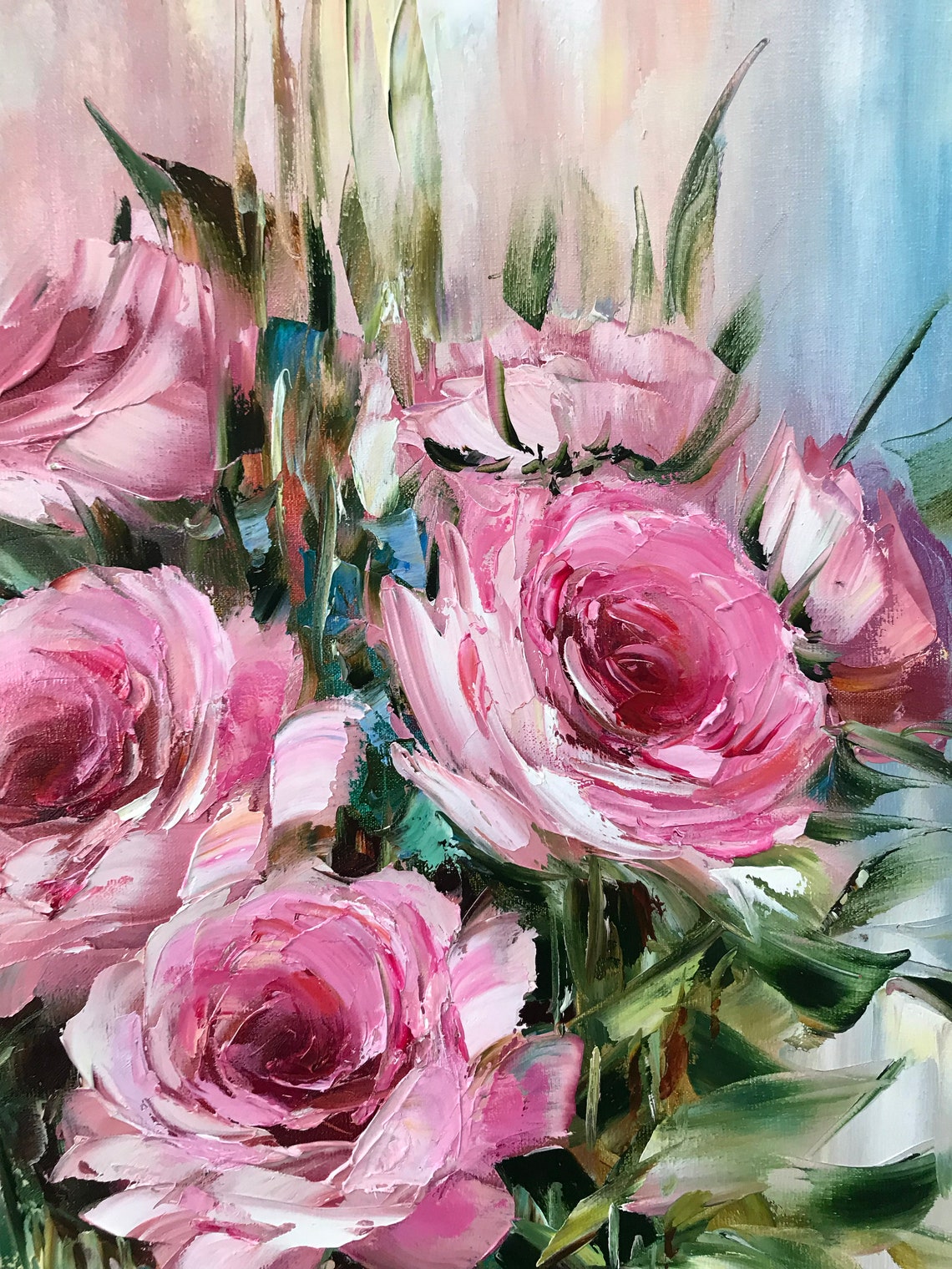 Pink Roses Bouquet Soft Blush Blooms Close Up Impasto Art Poster - Image 2