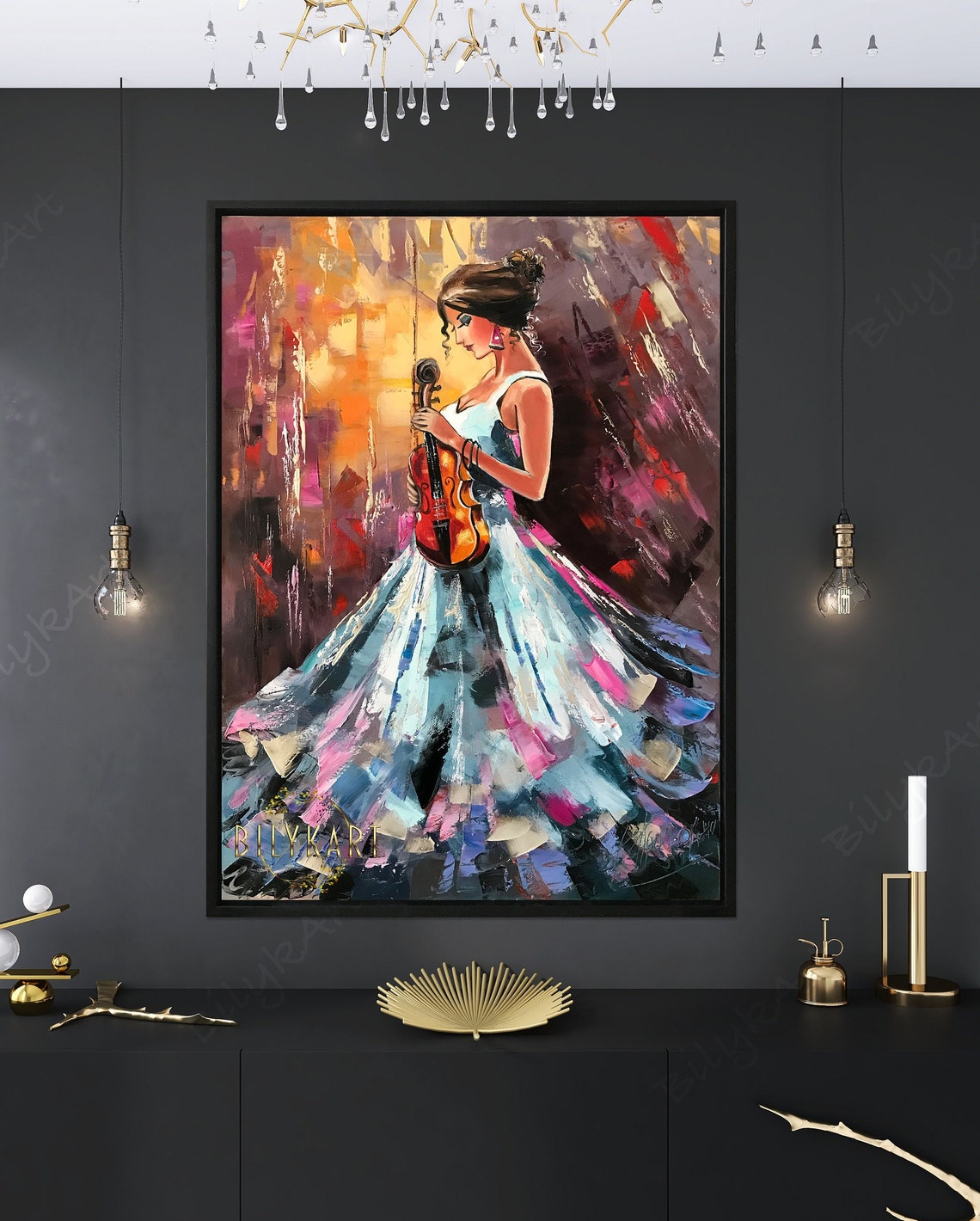 Large Girl With Violin Oil Painting On Abstract Girl Wall Art Extra Large Musician Abstract Painting Modern Violin Painting - Image 2