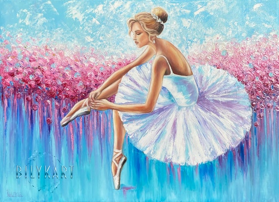 Abstract Ballerina Oil Painting Pink Ballerina Wall Decor For Girl In White Dress Painting Blue Ballerina Pointe Shoes Painting On