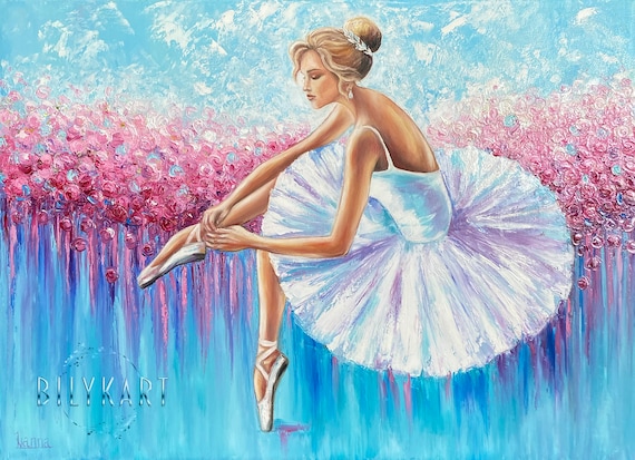 Ballerina Tying Pointe Shoes Pink Blossom Tutu Dancer Painting