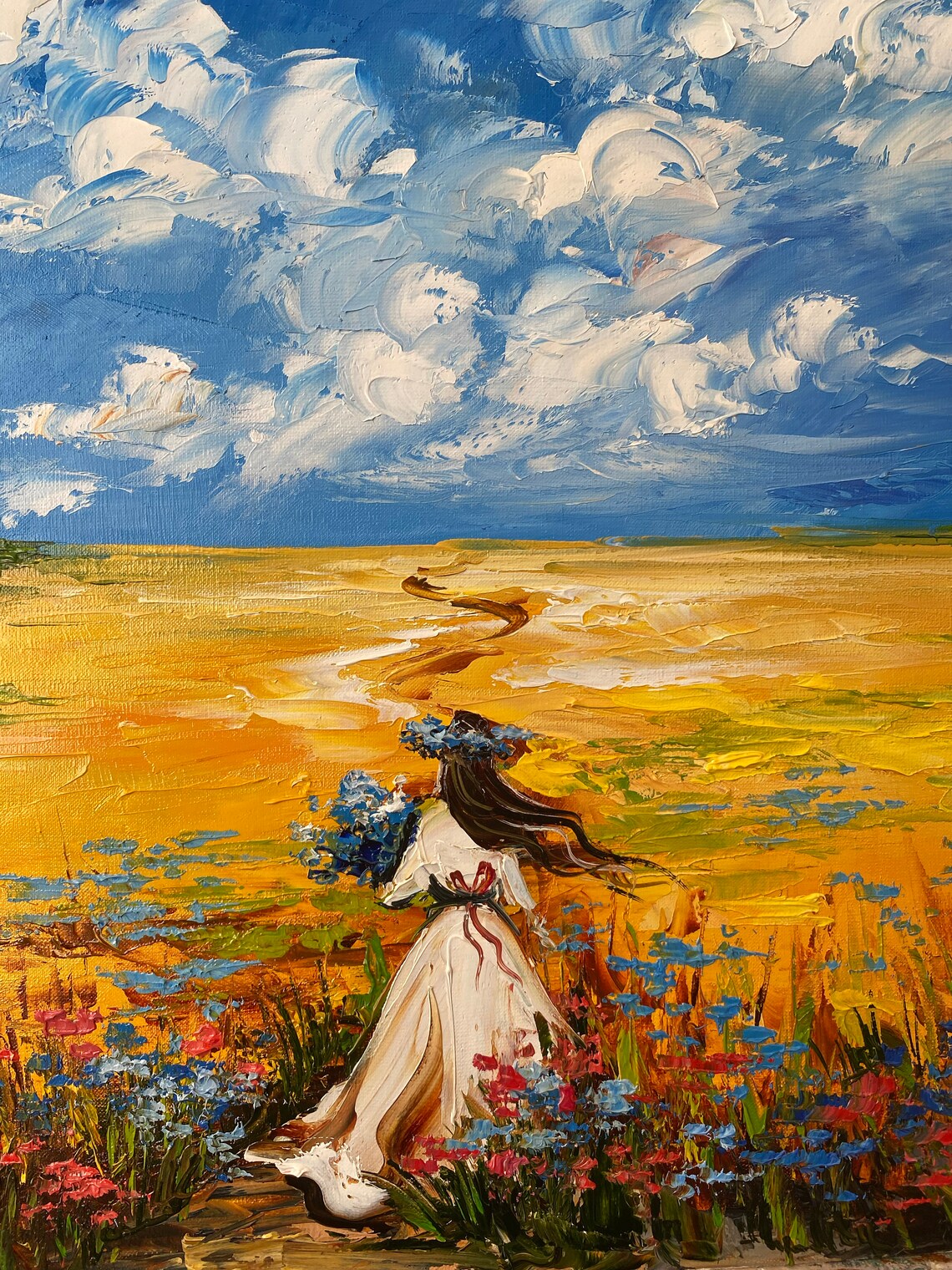 Girl In Golden Wheat Field Wildflower Crown Blue Sky Art Poster - Image 2