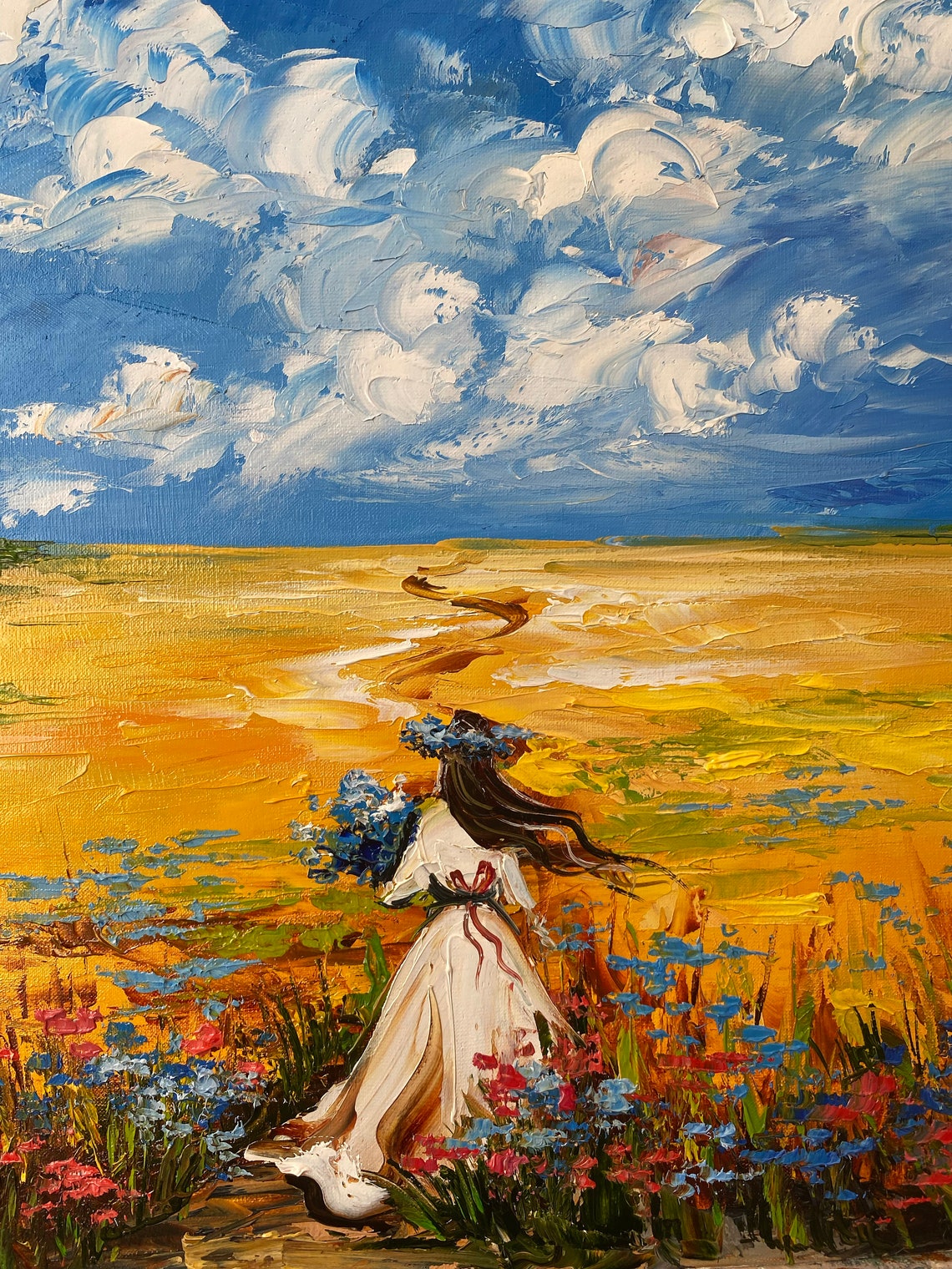Ukrainian Landscape Oil Painting Original Girl In Flower Field Painting Ukrainian Artists Buy Ukrainian Blue And Yellow Painting On - Image 2
