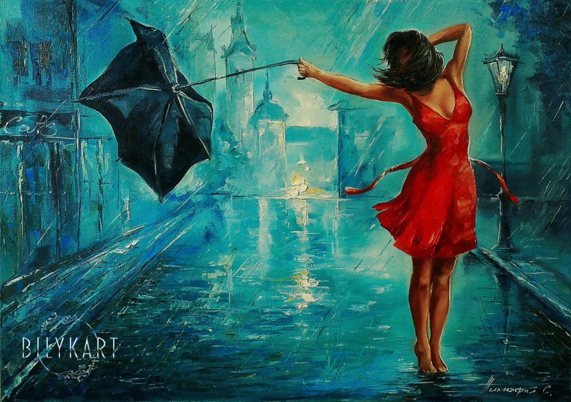 Girl With Umbrella Painting On Bansky Art Rainy Painting Rainy Day Wall Art Woman With Red Umbrella Oil Painting Original Artwork