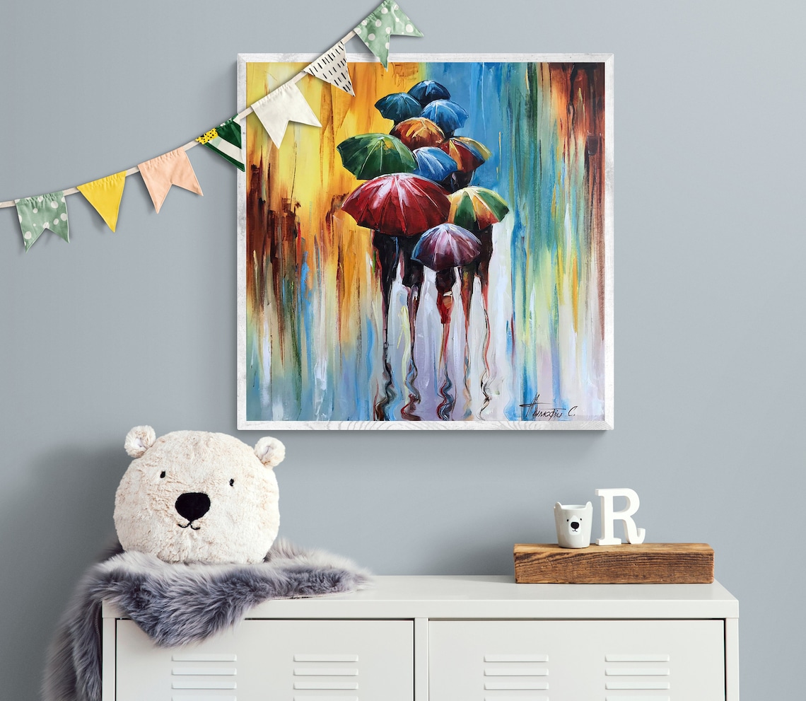 Abstract Umbrellas, Modern Rainy Day Art Print - Image 2